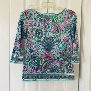 Talbots PIMA BATEAU NECK Tee Sprouting Paisley Multicolored 3/4 Sleeve Petite P